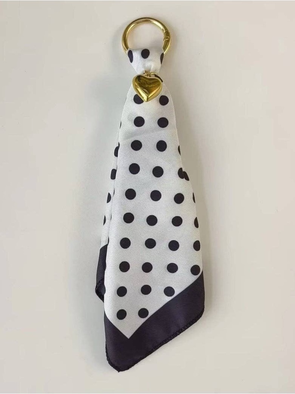 Polka Dot Scarf Keychain - White with Black Dots and Gold Heart Ring